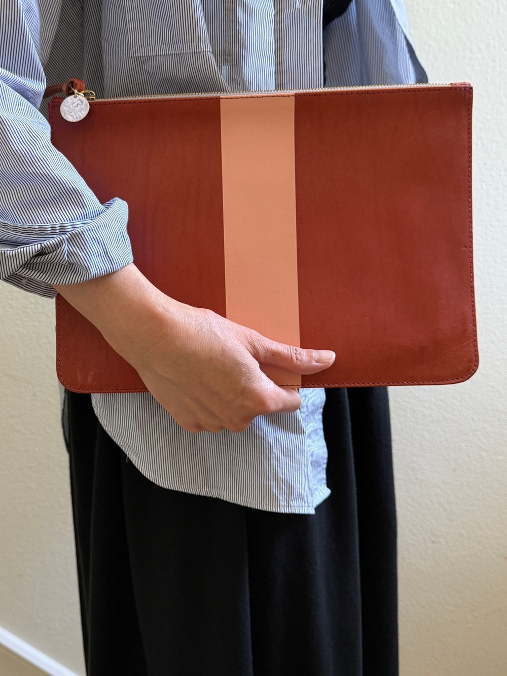 Clare V Clutch in Dark Brown Leather with Light Pink Stripe